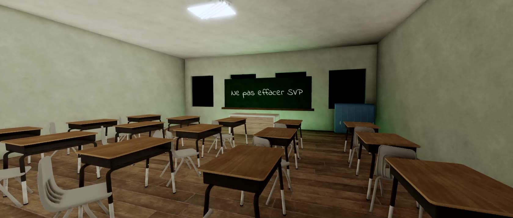 Salle de classe avec message au tableau
