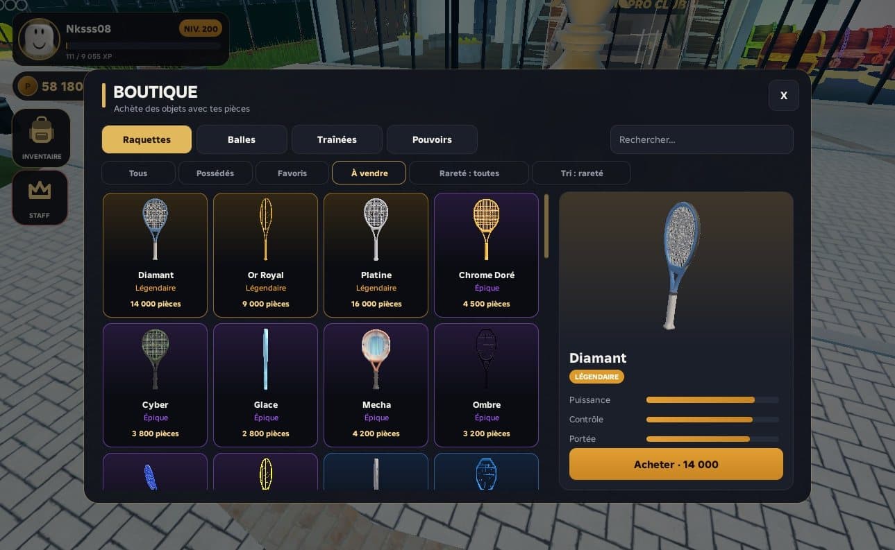 L’interface de la boutique : raquettes à vendre avec aperçu 3D